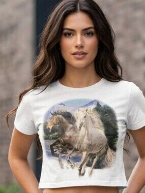 Women's White Cropped T-shirt With Horses